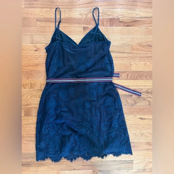 Abercrombie & Fitch Navy Blue Lace Slip Dress with Striped Waist Tie - Picture 2 of 8